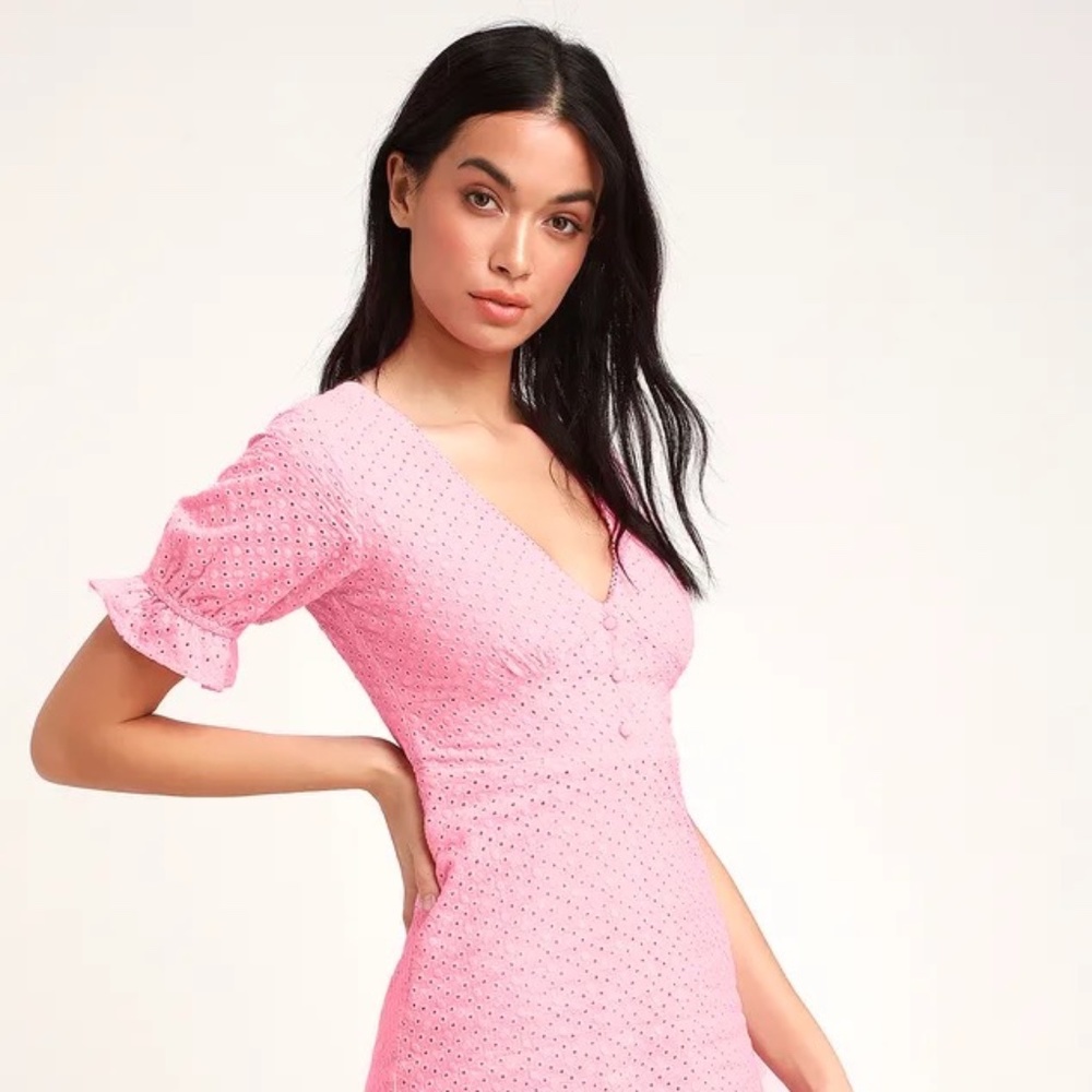 Lulu's ~ PINK Good to be Me Eyelet Lace Midi Dress ~ Size S